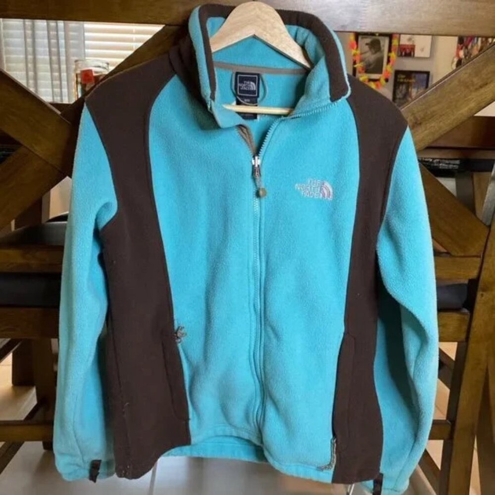 2000s Style North Face Teal and Brown Full Zip Fleece Jacket - Size M